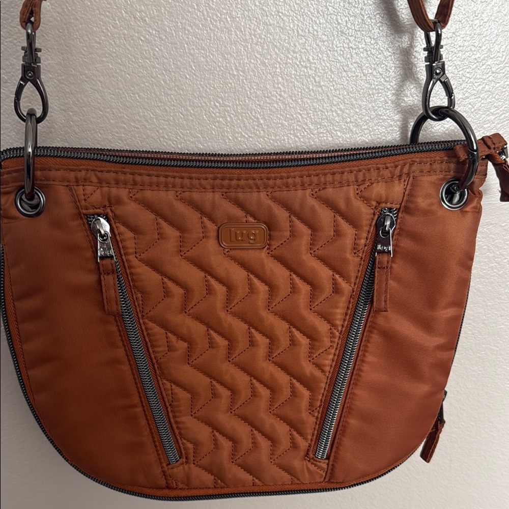 Lug Brown Quilted Crossbody Bag with Chevron Pattern